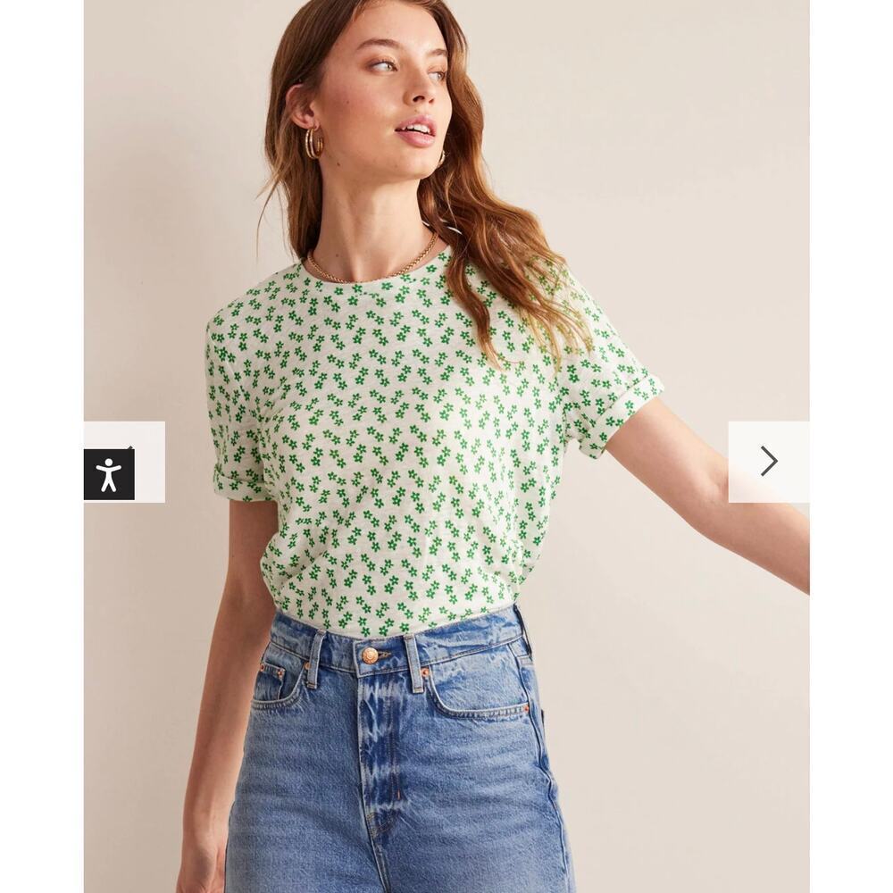 Boden 100% Linen Short Sleeve Boxy Crop Shirt Ivory Green Ditsy Floral Size 2